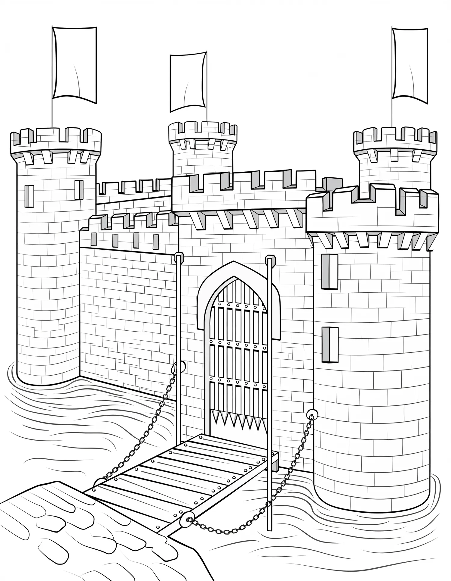 Château Fort avec Pont-Levis — Coloriage vintage à imprimer gratuitement